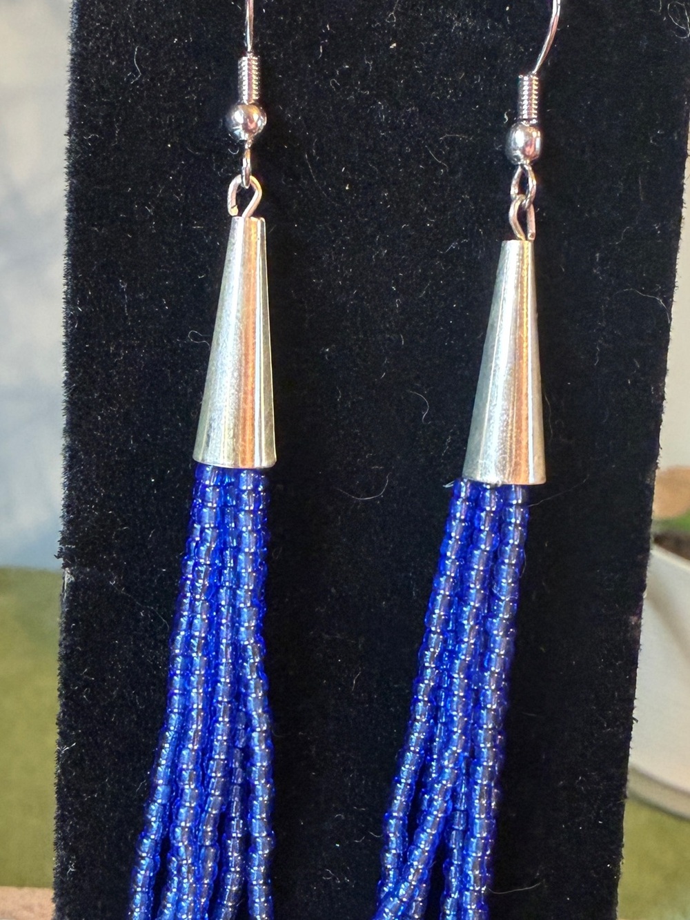 Silver-Tone Blue Seed Bead Tassel Earrings